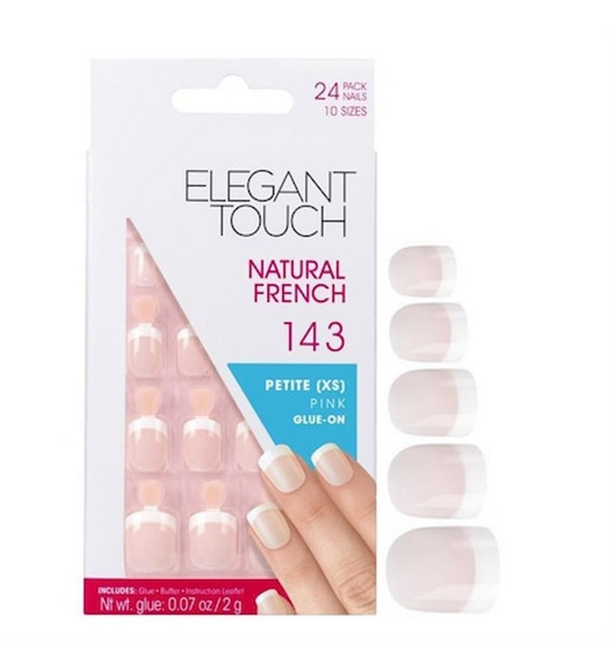 Set, Elegant Touch, Natural French, Square, Artificial Nails, Pink, 143, Petite (XS), 24 pcs